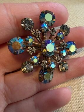 Vintage Aurora Borealis Crystal Snowflake Brooch